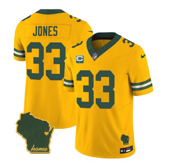 Men Green Bay Packers #33 Aaron Jones Gold 2023 F.U.S.E. Home Patch And 1-Star C Patch Vapor Untouchable Limited Stitched Jersey