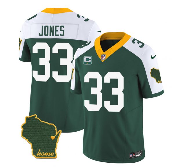 Men Green Bay Packers #33 Aaron Jones Green/White 2023 F.U.S.E. Home Patch And 1-Star C Patch Vapor Untouchable Limited Stitched Jersey