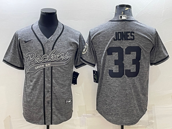 Men Green Bay Packers #33 Aaron Jones Grey With Patch Cool Base Stitched Baseball Jersey