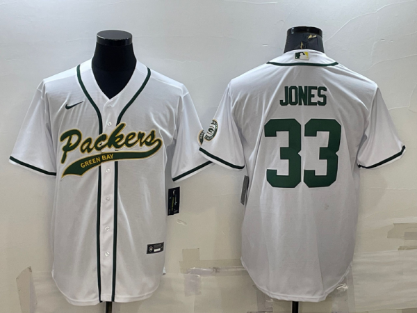 Men Green Bay Packers #33 Aaron Jones White With Patch Cool Base Stitched Baseball Jersey