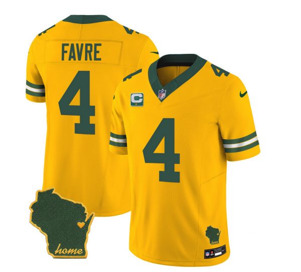 Men Green Bay Packers #4 Brett Favre Gold 2023 F.U.S.E. Home Patch And 1-Star C Patch Vapor Untouchable Limited Stitched Jersey