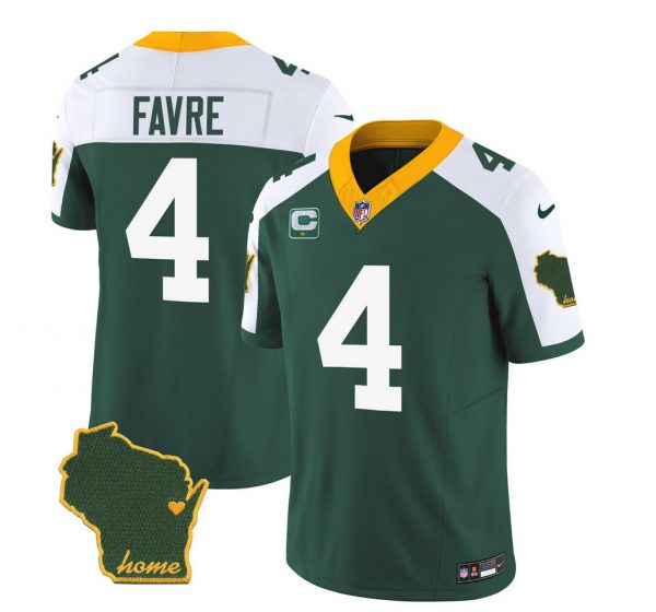 Men Green Bay Packers #4 Brett Favre Green/White 2023 F.U.S.E. Home Patch And 1-Star C Patch Vapor Untouchable Limited Stitched Jersey