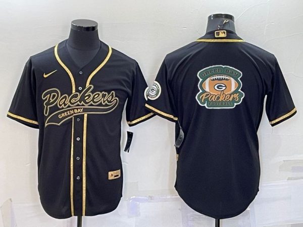 Men Green Bay Packers Black Gold Team Big Logo With Patch Cool Base Stitched Baseball Jersey