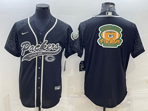 Men Green Bay Packers Black Reflective Team Big Logo With Patch Cool Base Stitched Baseball Jersey