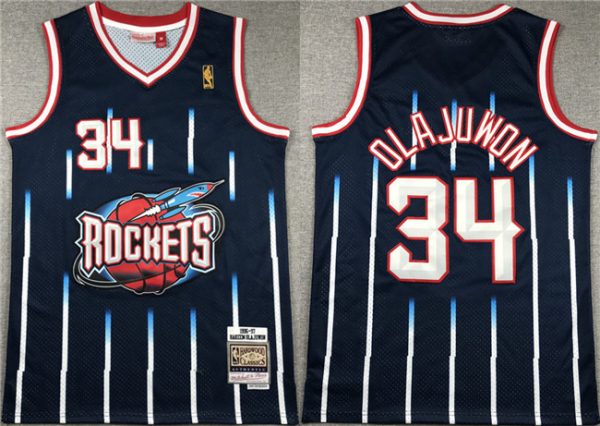 Men Houston Rockets #34 Hakeem Olajuwon Navy 1996-97 Mitchell & Ness Hardwood Classics Swingman Stitched Basketball Jersey