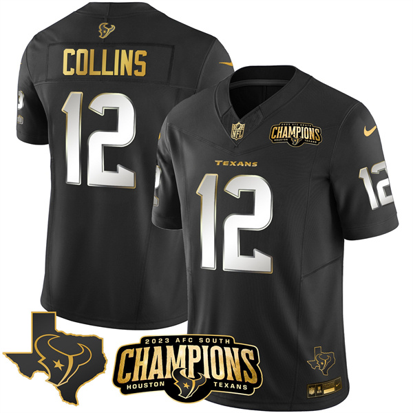 Men Houston Texans #12 Nico Collins Black Golden 2023 F.U.S.E. With AFC South Champions Patch And Team Logo Patch Limited Stitched Football Jersey