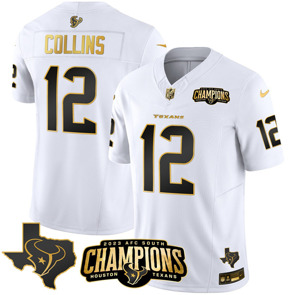 Men Houston Texans #12 Nico Collins White Golden 2023 F.U.S.E. With AFC South Champions Patch And Team Logo Patch Limited Stitched Football Jersey
