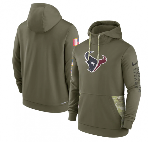 Men Houston Texans 2022 Olive Salute to Service Therma Performance Pullover Hoodie