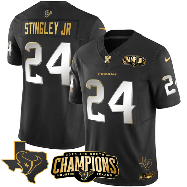 Men Houston Texans #24 Derek Stingley Jr. Black Golden 2023 F.U.S.E. With AFC South Champions Patch And Team Logo Patch Limited Stitched Football Jersey