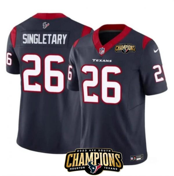 Men Houston Texans #26 Devin Singletary Navy 2023 F.U.S.E. AFC South Champions Patch Vapor Untouchable Limited Stitched Football Jersey