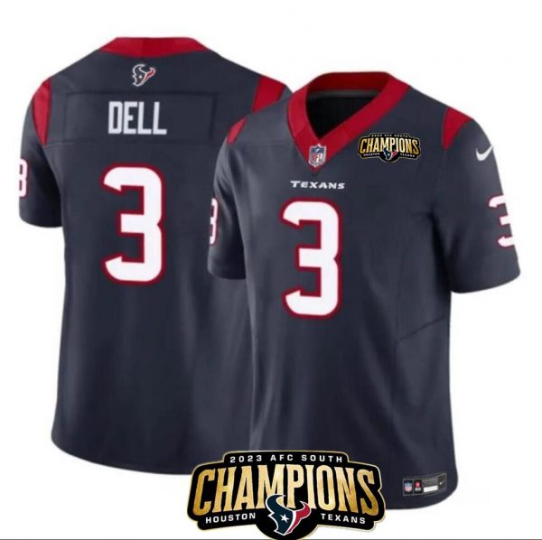 Men Houston Texans #3 Tank Dell Navy 2023 F.U.S.E. AFC South Champions Patch Vapor Untouchable Limited Stitched Football Jersey