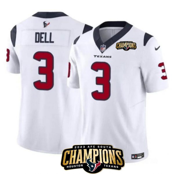 Men Houston Texans #3 Tank Dell White 2023 F.U.S.E. AFC South Champions Patch Vapor Untouchable Limited Stitched Football Jersey