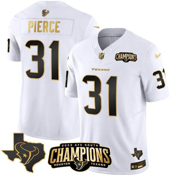 Men Houston Texans #31 Dameon Pierce White Golden 2023 F.U.S.E. With AFC South Champions Patch And Team Logo Patch Limited Stitched Football Jersey