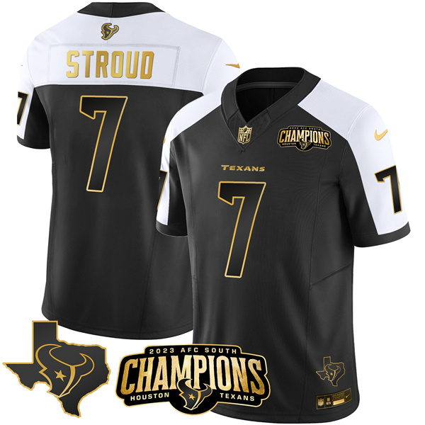 Men Houston Texans #7 C.J. Stroud Black/White Golden 2023 F.U.S.E. With AFC South Champions Patch And Team Logo Patch Limited Stitched Football Jersey