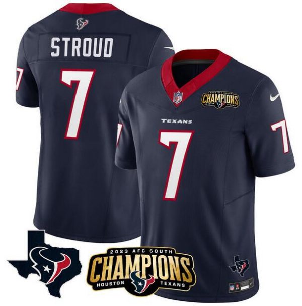 Men Houston Texans #7 C.J. Stroud Navy 2023 F.U.S.E. AFC South Champions Patch And Team Logo Patch Vapor Untouchable Limited Stitched Football Jersey
