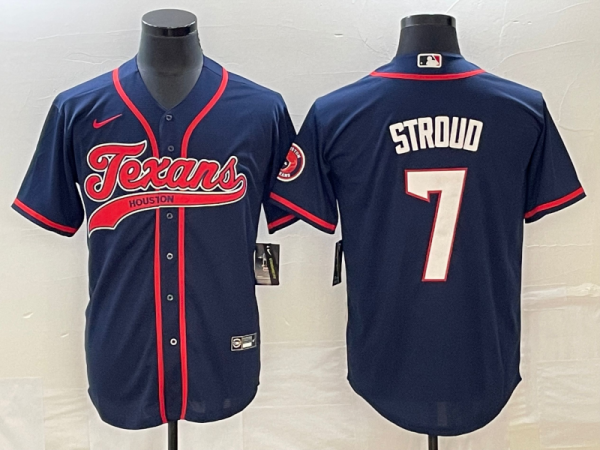 Men Houston Texans #7 C.J. Stroud Navy With Patch Cool Base Stitched Baseball Jersey