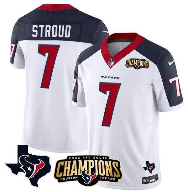 Men Houston Texans #7 C.J. Stroud White/Navy 2023 F.U.S.E. AFC South Champions Patch And Team Logo Patch Vapor Untouchable Limited Stitched Football Jersey