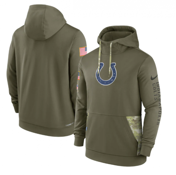 Men Indianapolis Colts 2022 Olive Salute to Service Therma Performance Pullover Hoodie