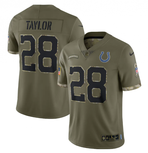 Men Indianapolis Colts #28 Jonathan Taylor Olive 2022 Salute To Service Limited Stitched Jersey