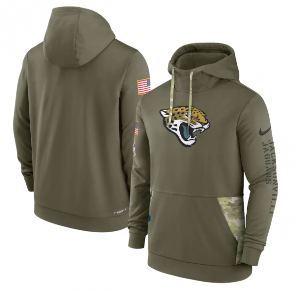 Men Jacksonville Jaguars 2022 Olive Salute to Service Therma Performance Pullover Hoodie