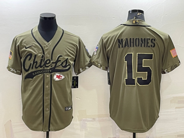 Men Kansas City Chiefs #15 Patrick Mahomes 2022 Olive Salute to Service Cool Base Stitched Baseball Jersey