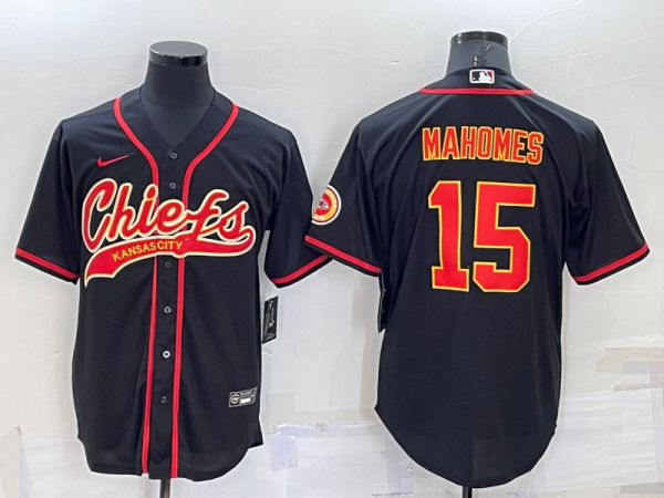 Men Kansas City Chiefs #15 Patrick Mahomes Black Cool Base Stitched Baseball Jersey