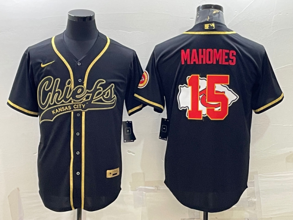 Men Kansas City Chiefs #15 Patrick Mahomes Black Gold Team Big Logo With Patch Cool Base Stitched Baseball Jersey