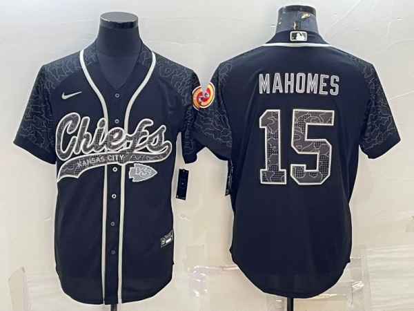 Men Kansas City Chiefs #15 Patrick Mahomes Black Reflective With Patch Cool Base Stitched Baseball Jersey