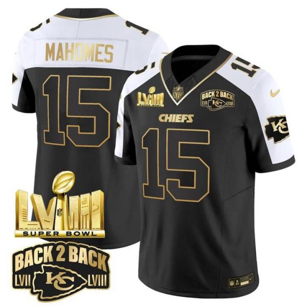 Men Kansas City Chiefs #15 Patrick Mahomes Black/White 2024 F.U.S.E Super Bowl LVIII Patch With Back 2 Back Gold Patch Vapor Untouchable Limited Stitched Football Jersey