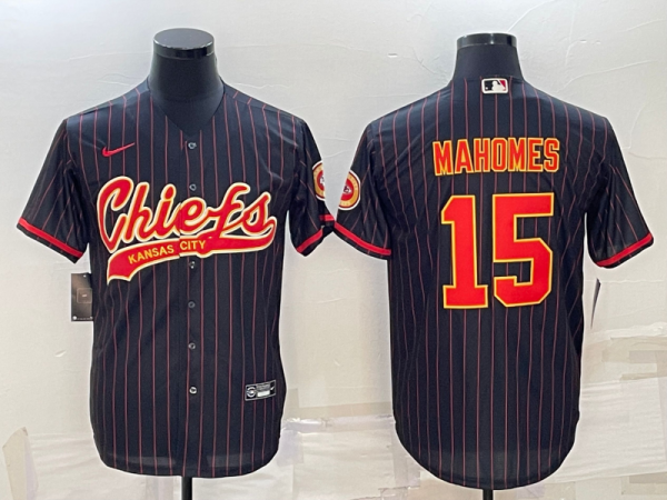 Men Kansas City Chiefs #15 Patrick Mahomes Black With Patch Cool Base Stitched Baseball Jersey