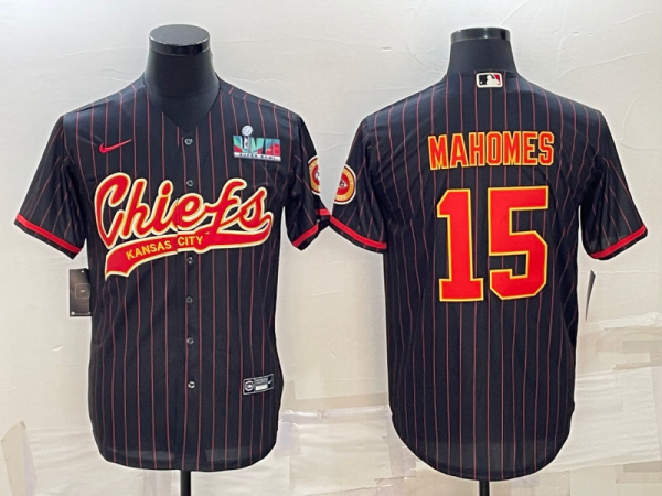 Men Kansas City Chiefs #15 Patrick Mahomes Black With Super Bowl LVII Patch Cool Base Stitched Baseball Jersey
