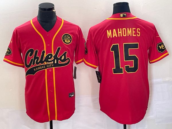 Men Kansas City Chiefs #15 Patrick Mahomes Red Gold Cool Base Stitched Baseball Jersey