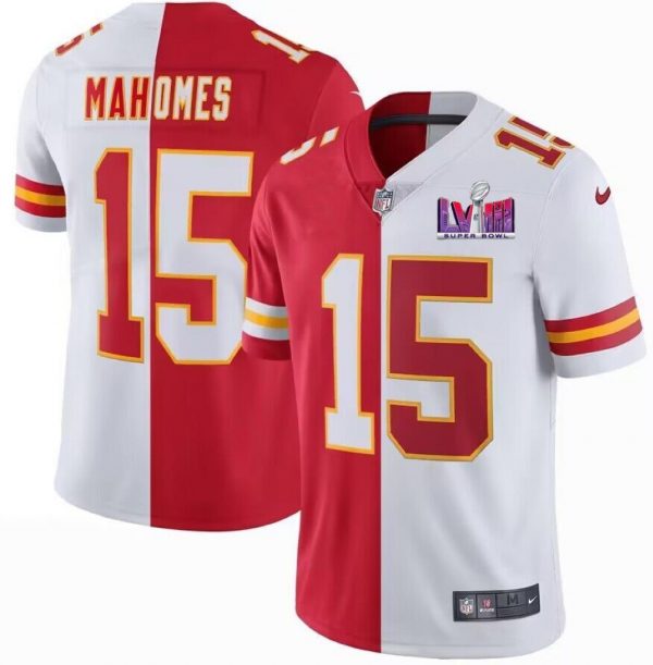 Men Kansas City Chiefs #15 Patrick Mahomes Red & White Split Super Bowl LVIII Patch Limited Stitched Jersey