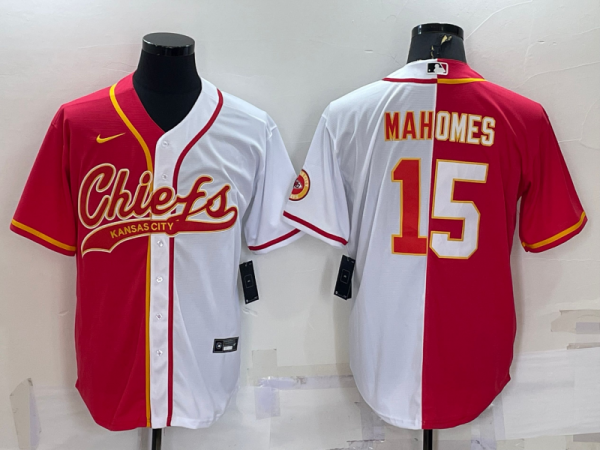 Men Kansas City Chiefs #15 Patrick Mahomes Red/White Split With Patch Cool Base Stitched Baseball Jersey