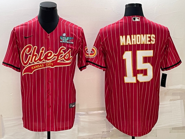 Men Kansas City Chiefs #15 Patrick Mahomes Red With Super Bowl LVII Patch Cool Base Stitched Baseball Jersey