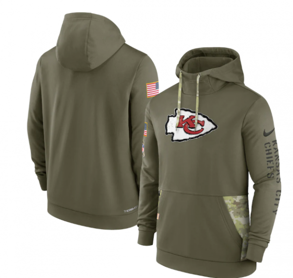 Men Kansas City Chiefs 2022 Olive Salute to Service Therma Performance Pullover Hoodie