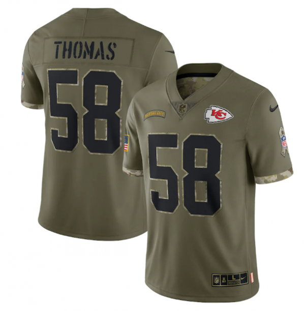 Men Kansas City Chiefs #58 Derrick Thomas Olive 2022 Salute To Service Limited Stitched Jersey