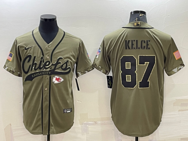 Men Kansas City Chiefs #87 Travis Kelce 2022 Olive Salute to Service Cool Base Stitched Baseball Jersey