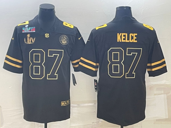 Men Kansas City Chiefs #87 Travis Kelce Black Golden Super Bowl LV And Super Bowl LVII Patch Vapor Limited Stitched Jersey