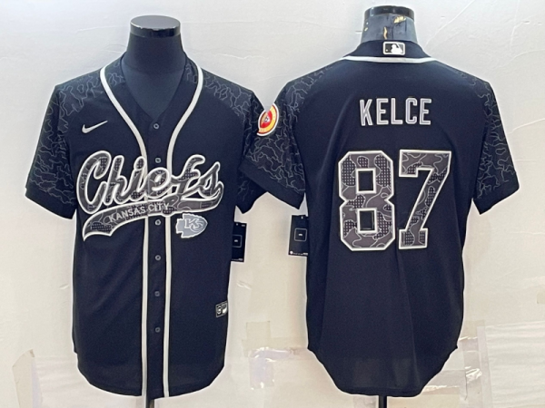 Men Kansas City Chiefs #87 Travis Kelce Black Reflective With Patch Cool Base Stitched Baseball Jersey