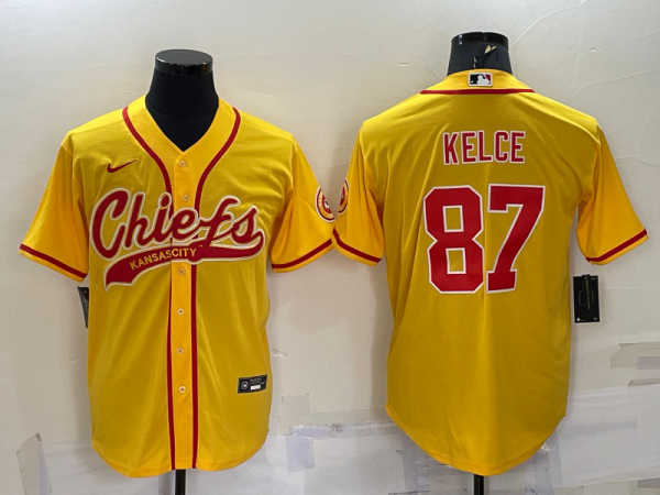 Men Kansas City Chiefs #87 Travis Kelce Gold With Patch Cool Base Stitched Baseball Jersey