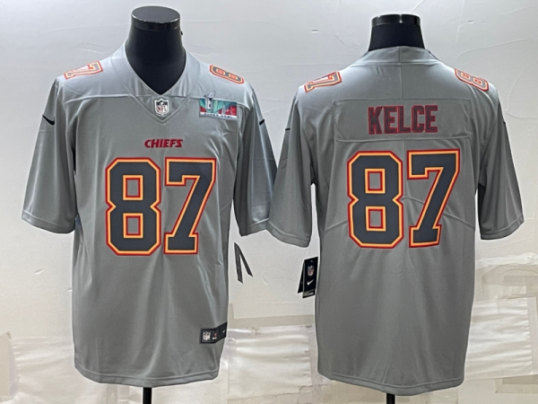 Men Kansas City Chiefs #87 Travis Kelce Gray Super Bowl LVII Patch Atmosphere Fashion Stitched Jersey