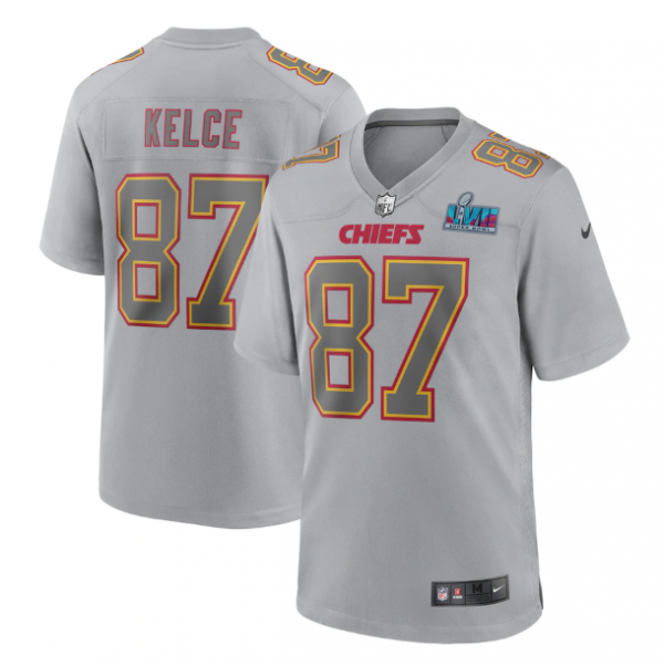 Men Kansas City Chiefs #87 Travis Kelce Grey Super Bowl LVII Patch Atmosphere Fashion Stitched Game Jersey