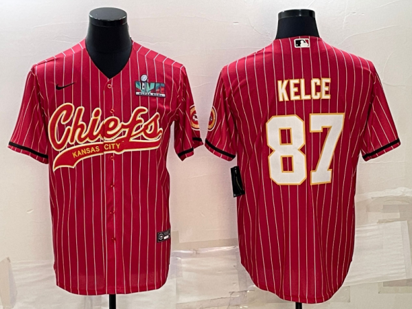 Men Kansas City Chiefs #87 Travis Kelce Red With Super Bowl LVII Patch Cool Base Stitched Baseball Jersey