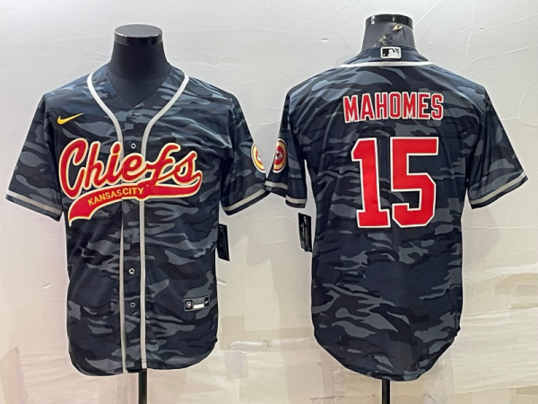 Men Kansas City Chiefs Blank #15 Patrick Mahomes Grey/Navy Camo With Patch Cool Base Stitched Baseball Jersey