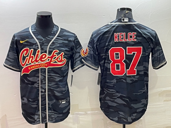 Men Kansas City Chiefs Blank #87 Travis Kelce Grey/Navy Camo With Patch Cool Base Stitched Baseball Jersey
