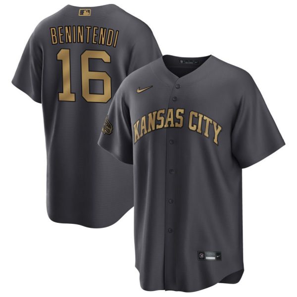 Men Kansas City Royals #16 Andrew Benintendi 2022 All-Star Charcoal Cool Base Stitched Baseball Jersey