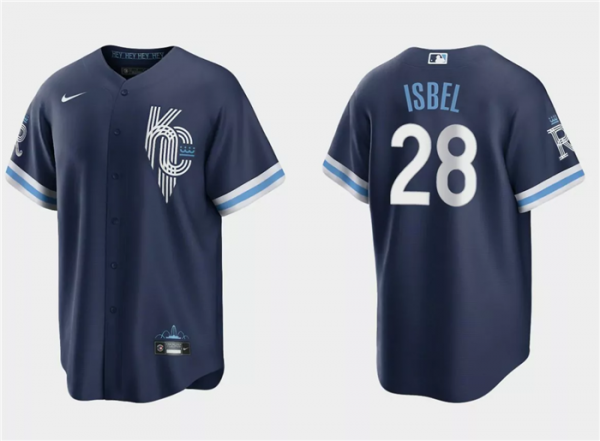 Men Kansas City Royals #28 Kyle Isbel Navy City Connect Cool Base Stitched Baseball Jersey
