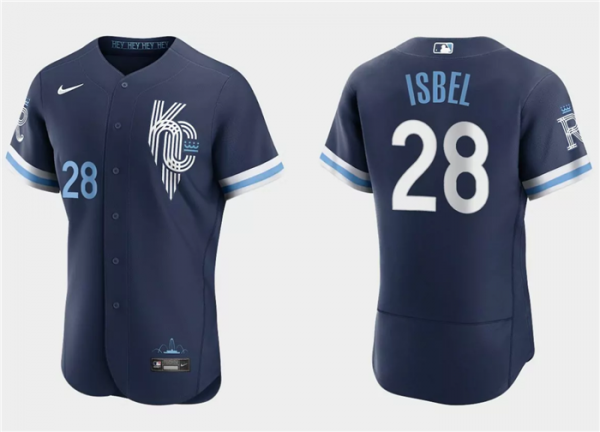 Men Kansas City Royals #28 Kyle Isbel Navy City Connect Flex Base Stitched MLB Jersey