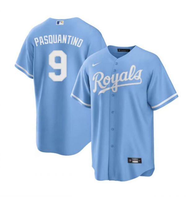 Men Kansas City Royals #9 Vinnie Pasquantino Blue Cool Base Stitched Baseball Jersey
